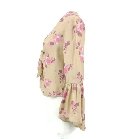 New Flynn Skye Knot Your Business Top Womens XS Pink Dreams Floral Bell Sleeves - Picture 2 of 6
